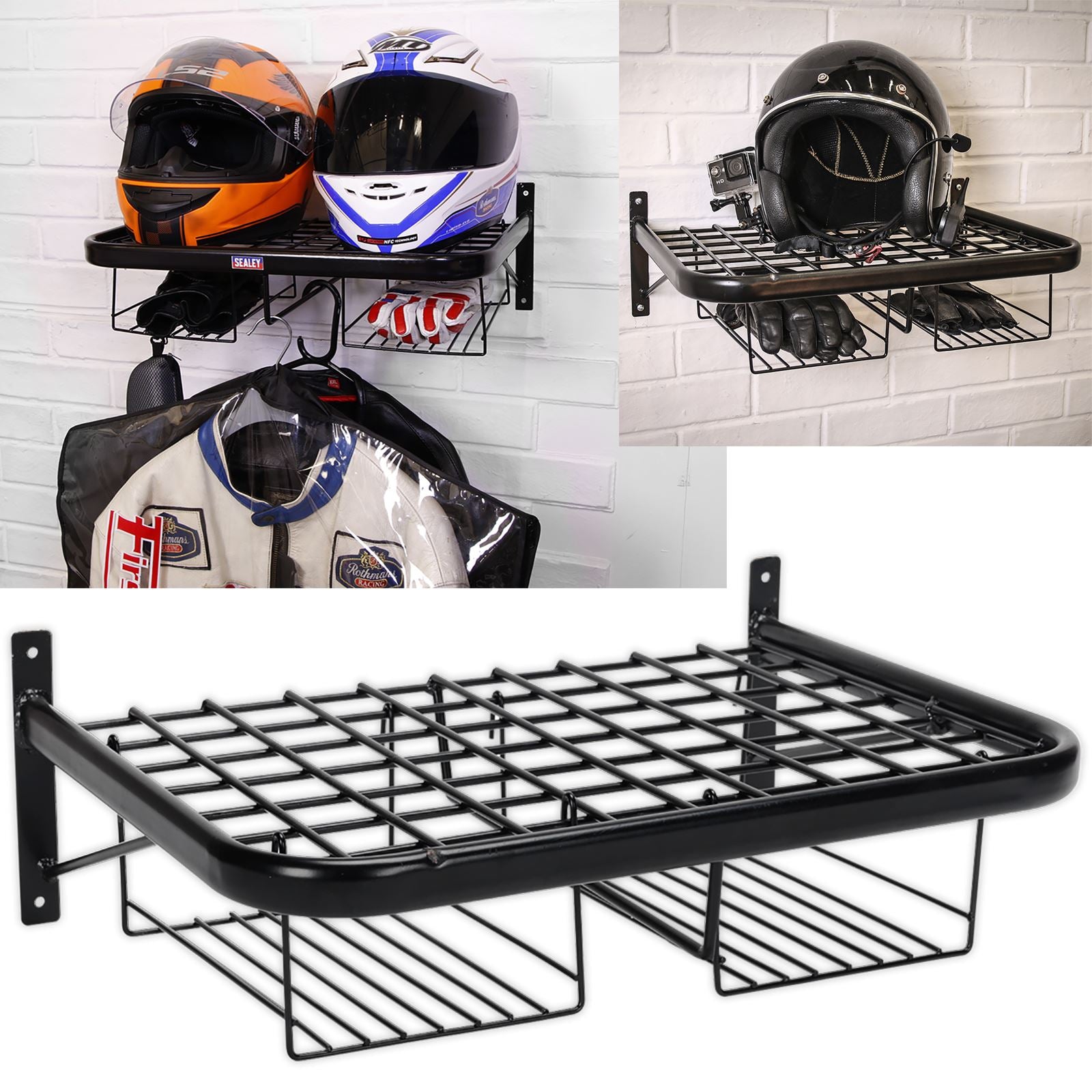 Sealey Motorcycle Helmet, Clothing and Gear Tidy Wall Mounted Shelf Rack 490mm x 350mm