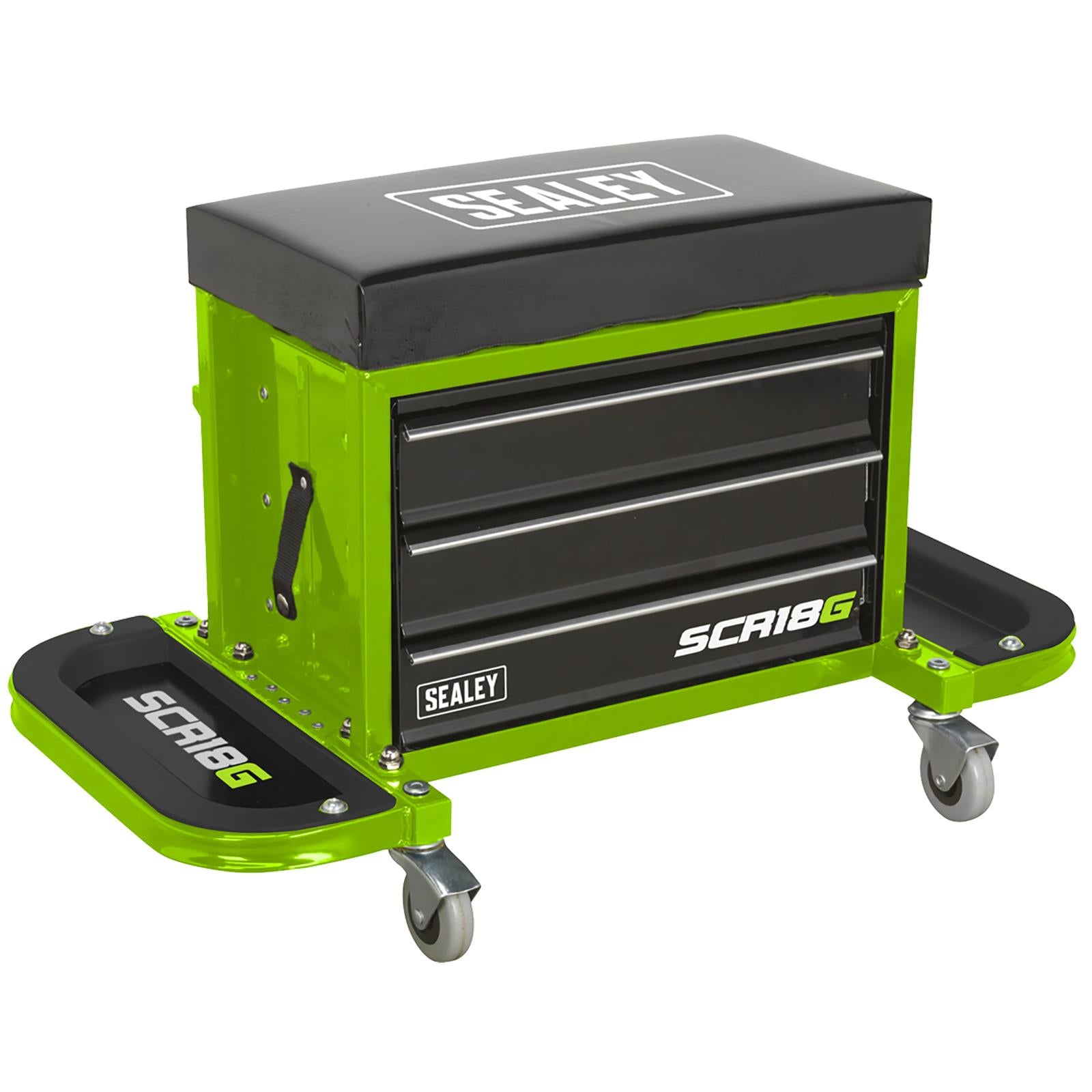Sealey Mechanics Rolling Utility Seat and Toolbox with Drawers Green