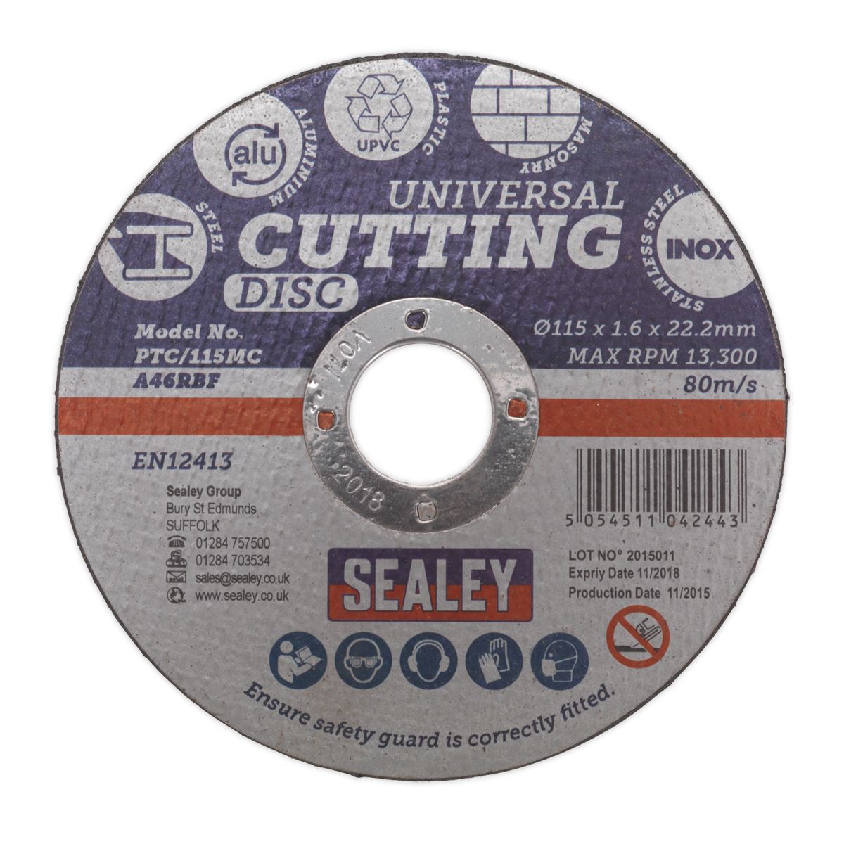 Sealey Multipurpose Cutting Disc 115mm x 1.6mm Ø22.2mm Bore Steel Aluminium