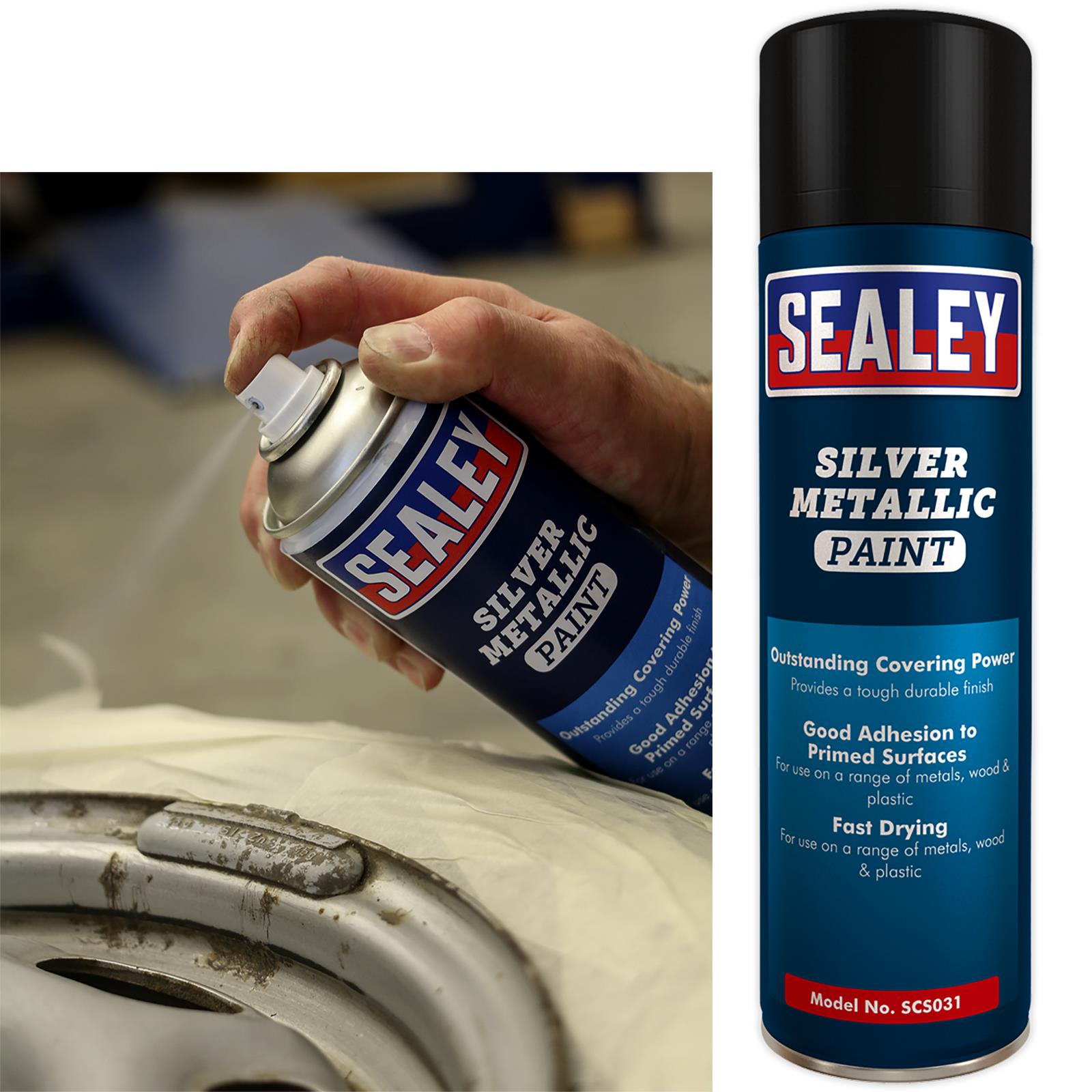 Sealey Silver Spray Paint 500ml for Metals Wood Plastic Fast Drying