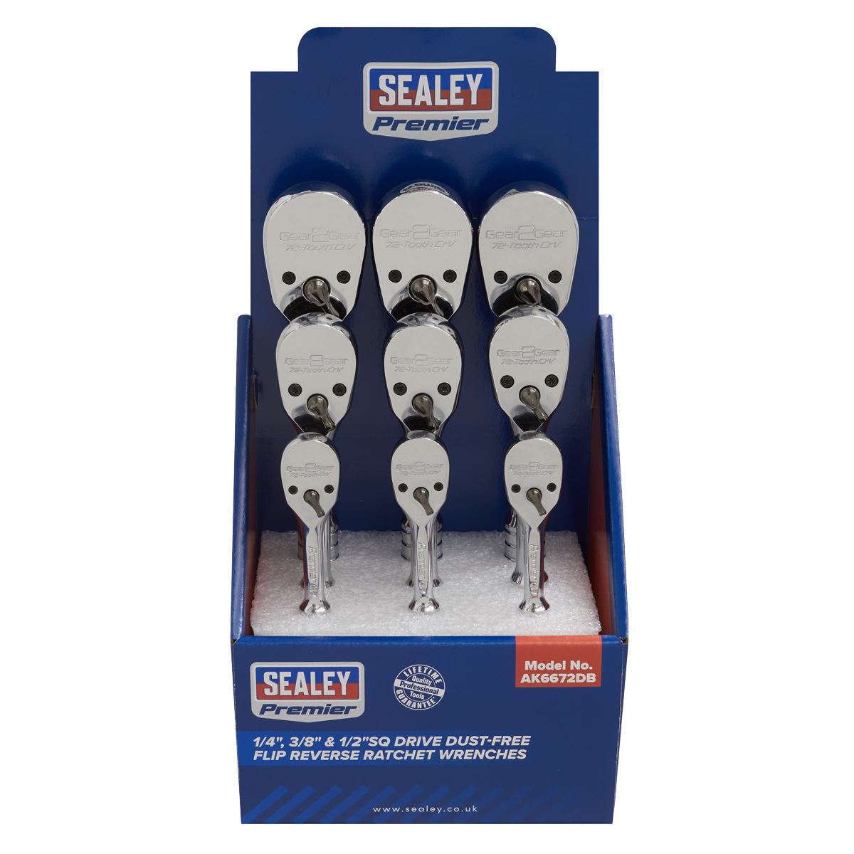 Sealey Premier Ratchet Wrenches 1/4", 3/8" & 1/2"Sq Drive Pear-Head Flip Reverse Display Box of 9