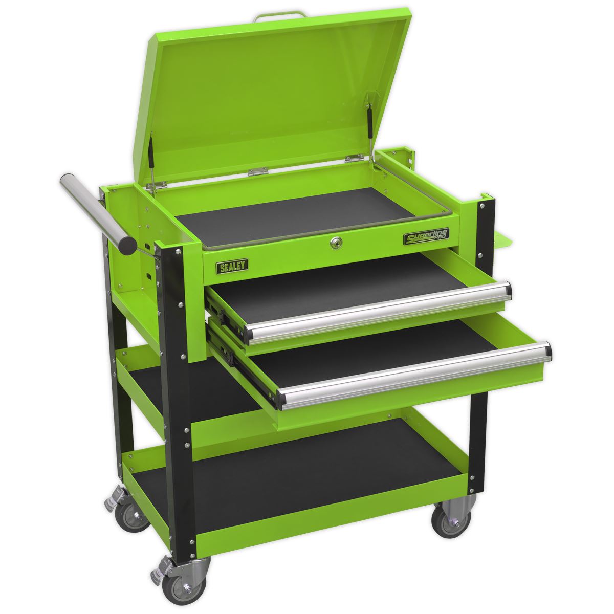 Sealey Superline Pro Heavy-Duty Mobile Tool & Parts Trolley 2 Drawers & Lockable Top - Green