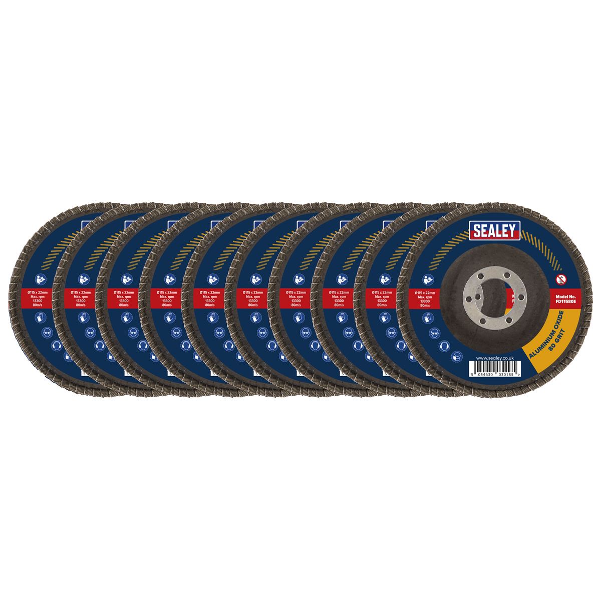 Sealey 80Grit Flap Discs Aluminium Oxide Ø115mm Ø22mm Bore - Pack of 10
