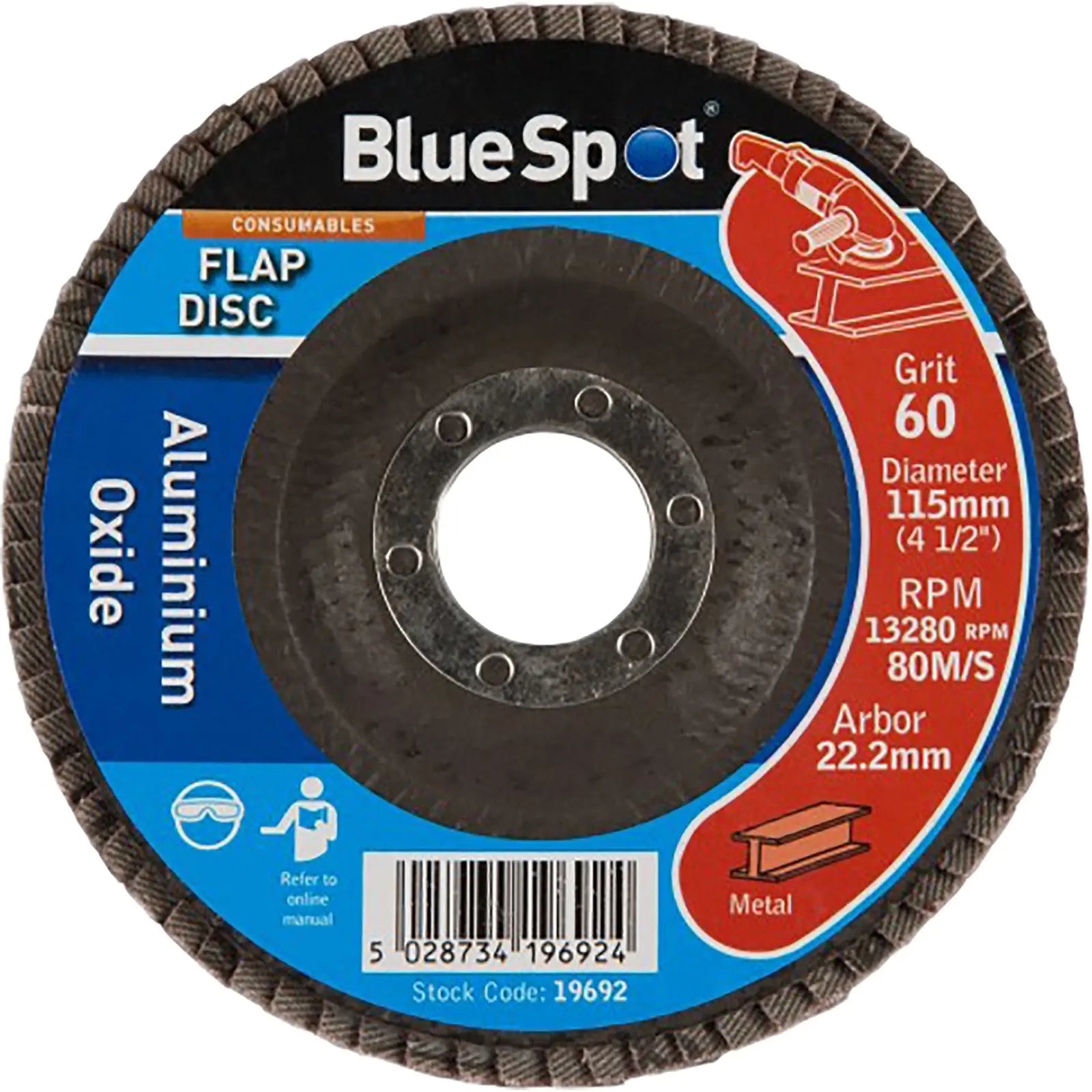 BlueSpot 115mm Aluminium Oxide Flap Sanding Discs 40-120 Grit