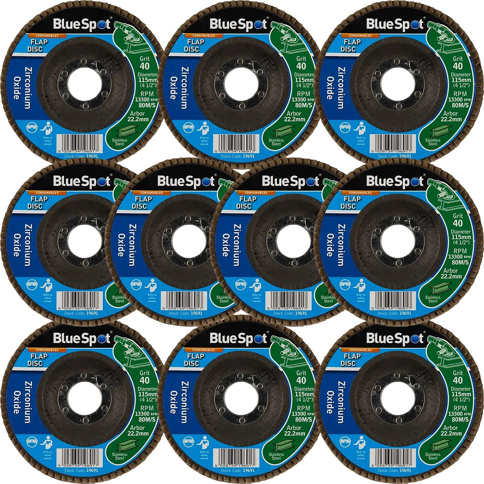 BlueSpot 115mm Zirconium Oxide Flap Sanding Discs 40-120 Grit