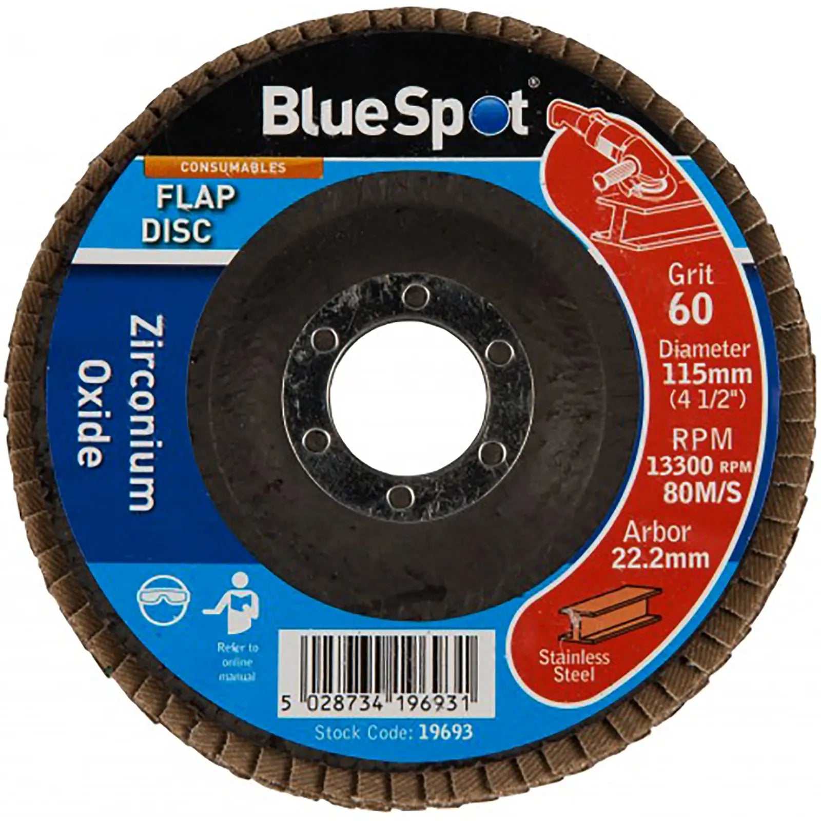 BlueSpot 115mm Zirconium Oxide Flap Sanding Discs 40-120 Grit
