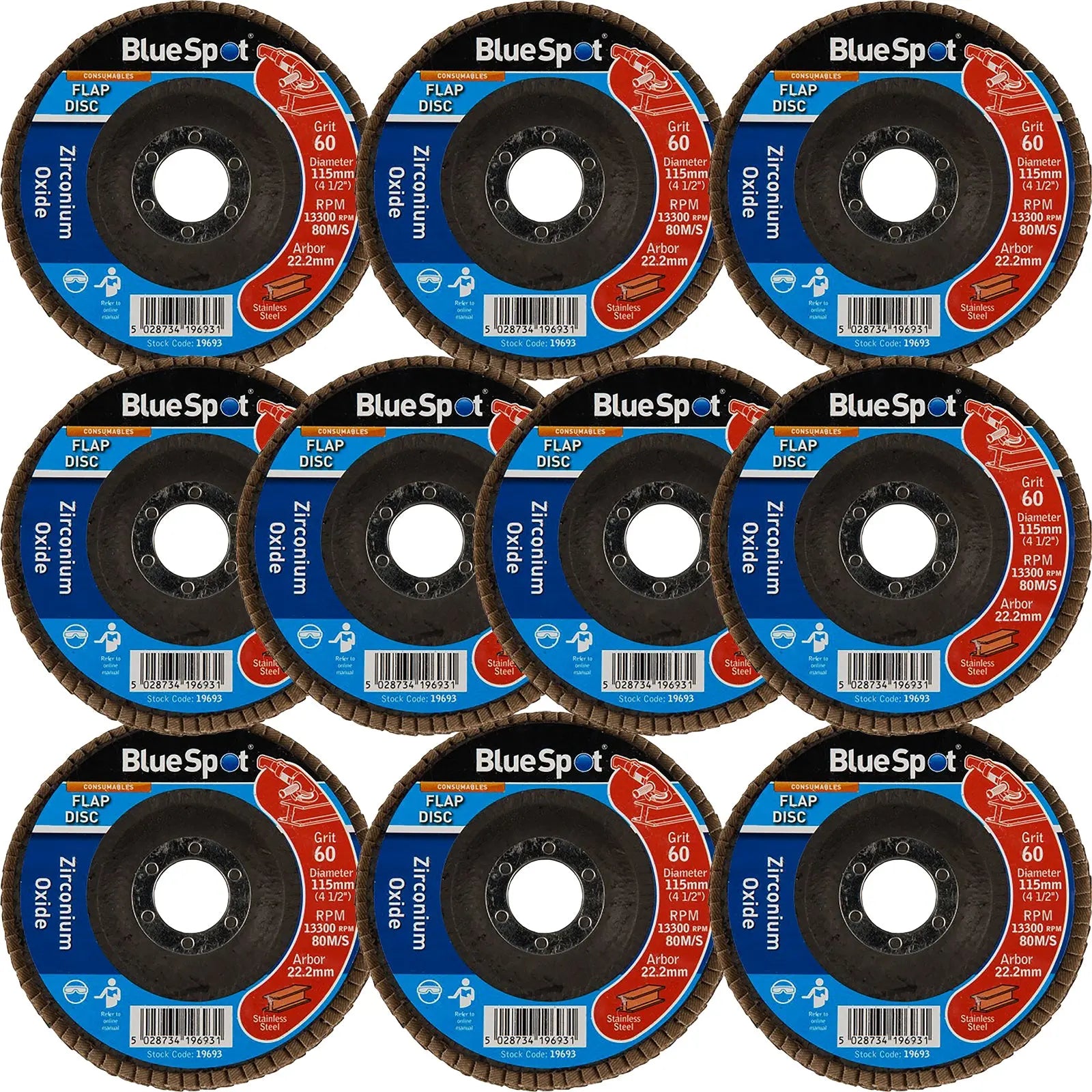 BlueSpot 115mm Zirconium Oxide Flap Sanding Discs 40-120 Grit