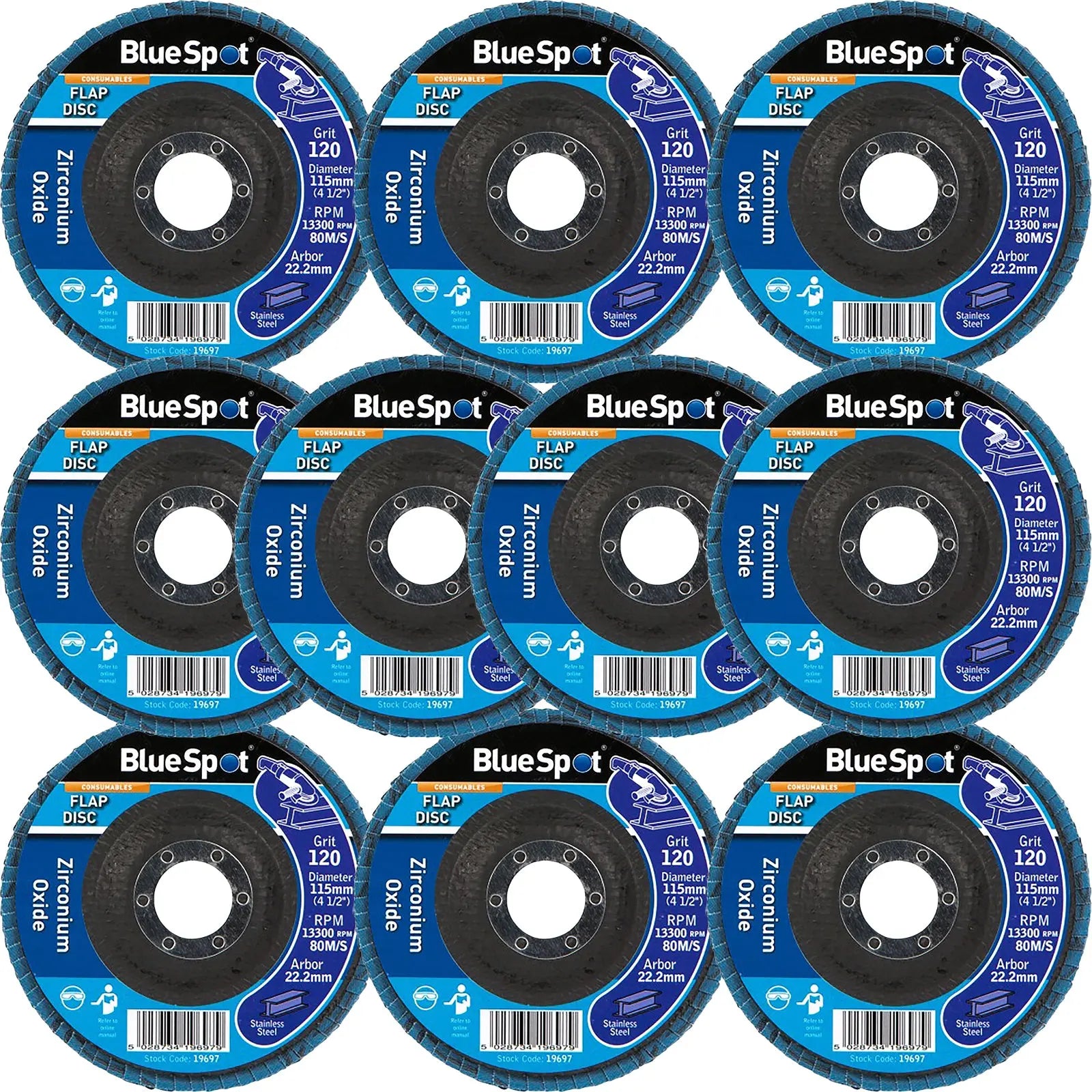 BlueSpot 115mm Zirconium Oxide Flap Sanding Discs 40-120 Grit