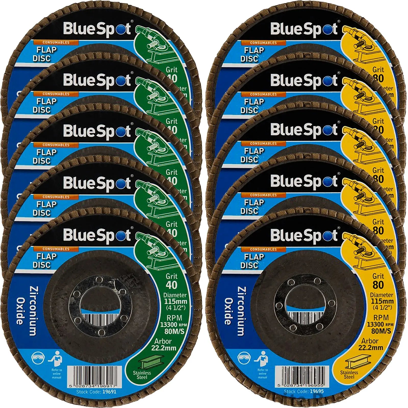 BlueSpot 115mm Zirconium Oxide Flap Sanding Discs 40-120 Grit