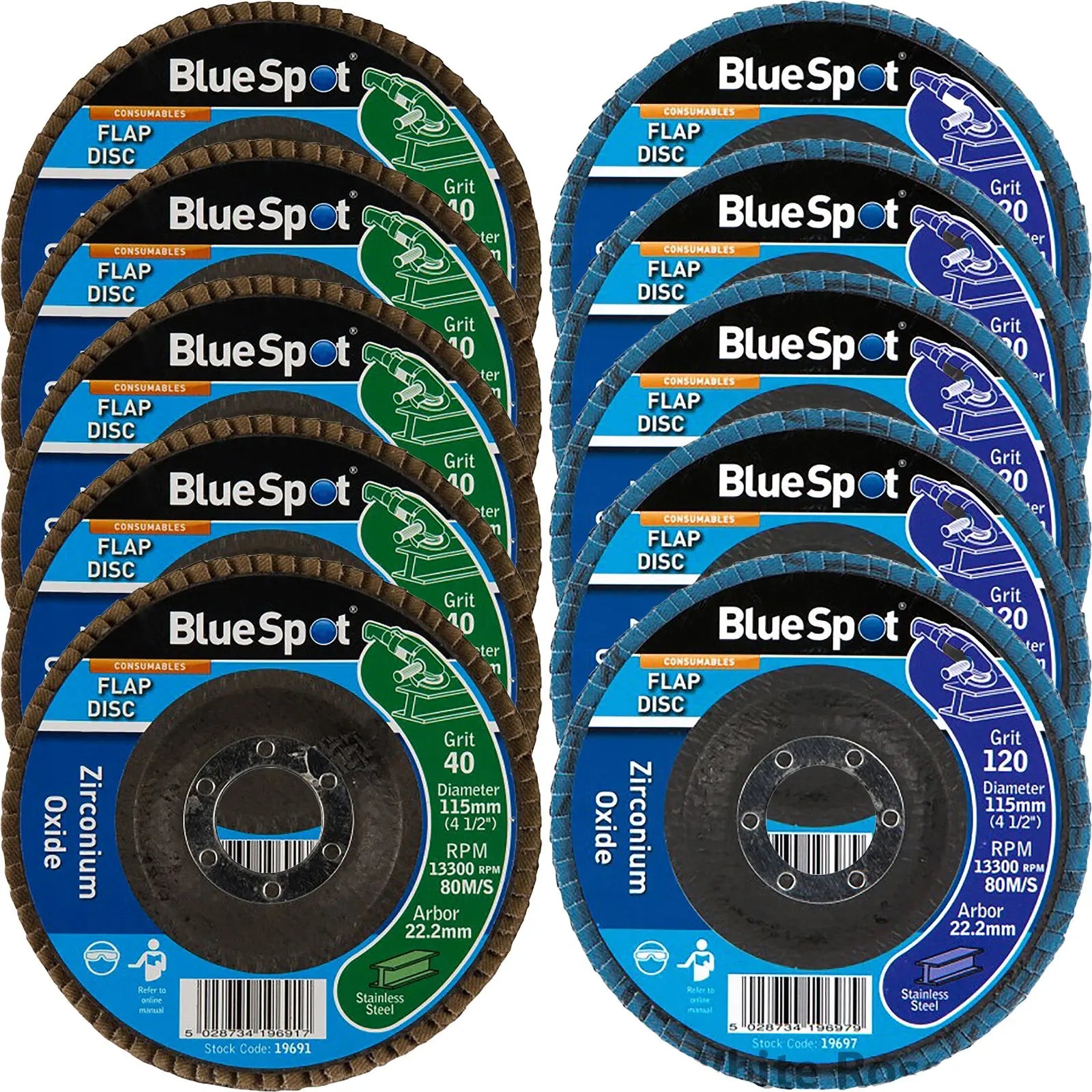 BlueSpot 115mm Zirconium Oxide Flap Sanding Discs 40-120 Grit
