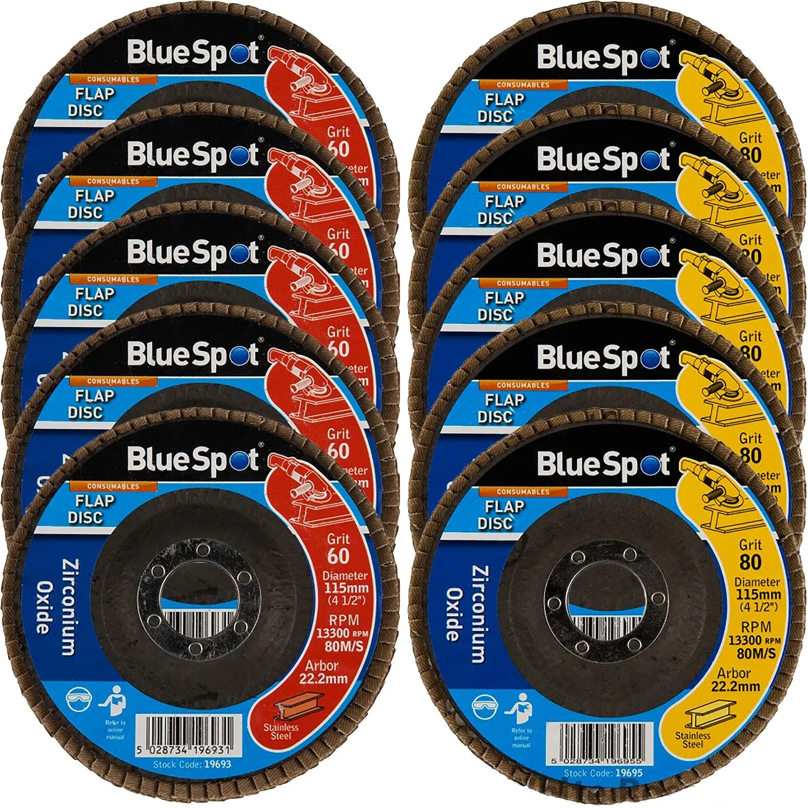 BlueSpot 115mm Zirconium Oxide Flap Sanding Discs 40-120 Grit