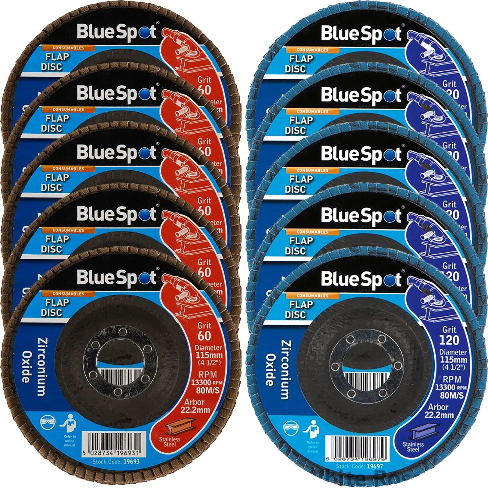BlueSpot 115mm Zirconium Oxide Flap Sanding Discs 40-120 Grit