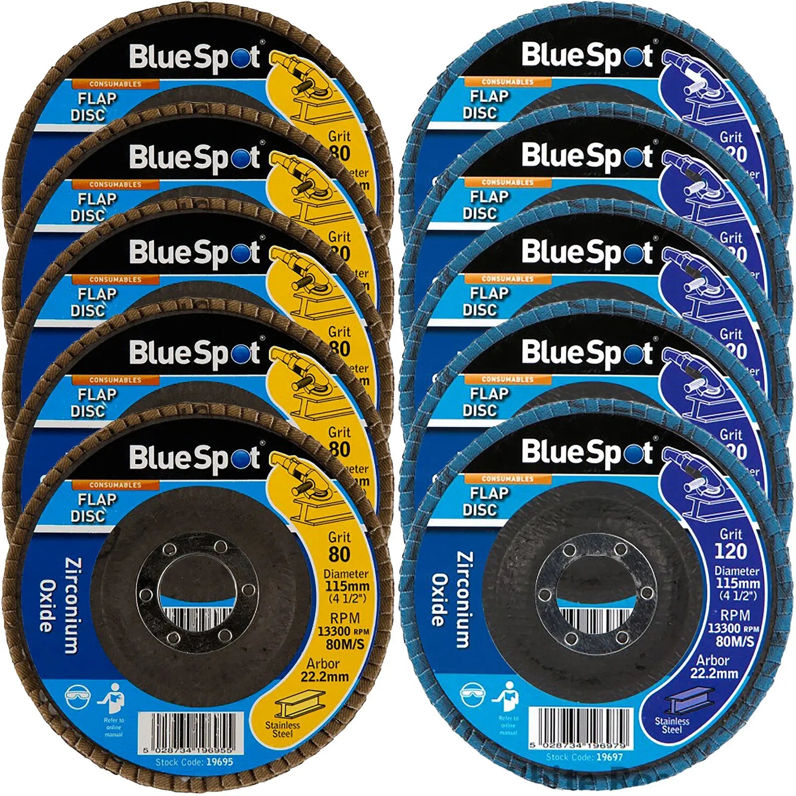 BlueSpot 115mm Zirconium Oxide Flap Sanding Discs 40-120 Grit