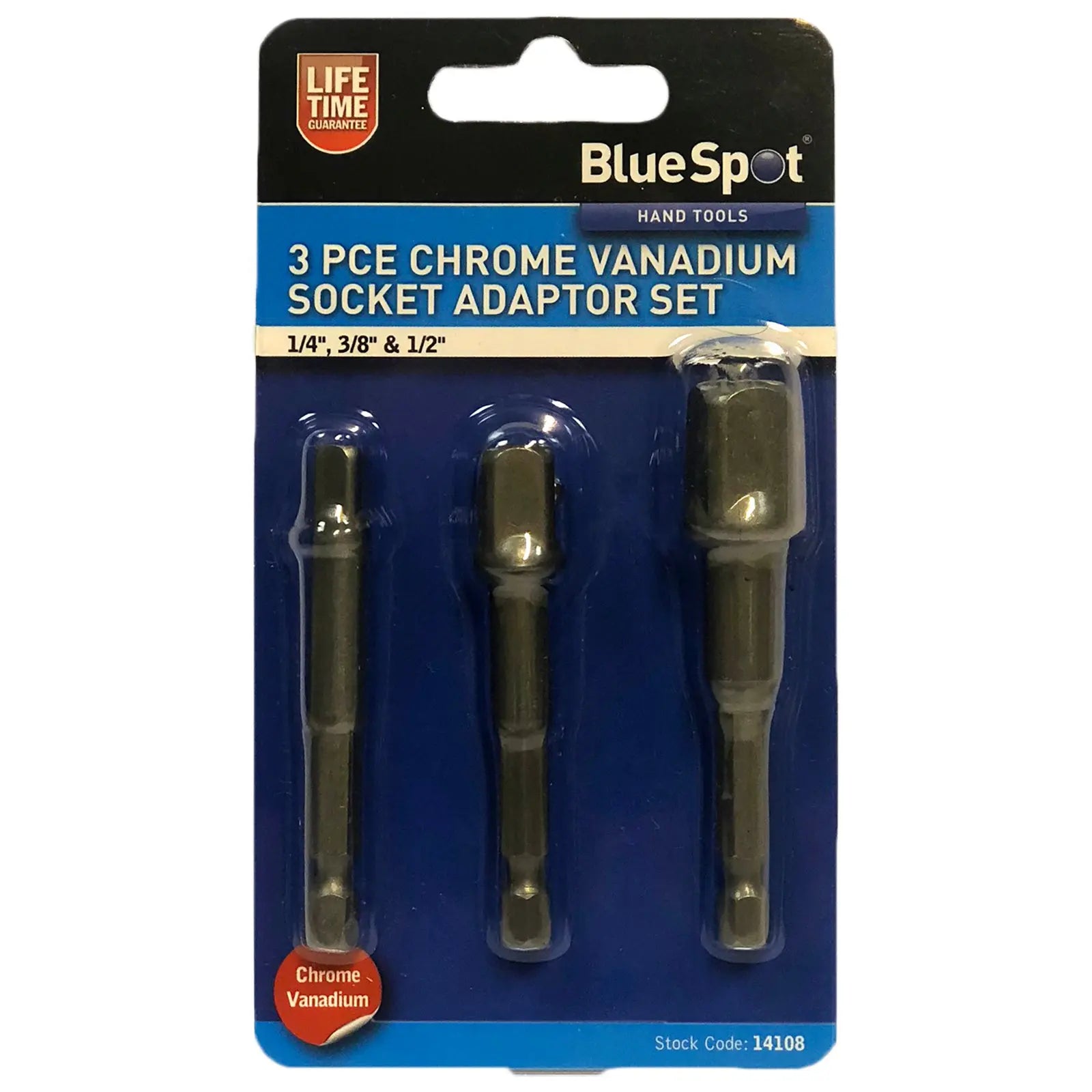 BlueSpot 3 Piece 1/4" Hex Socket Adaptor Set 1/4" 3/8" 1/2" Drive