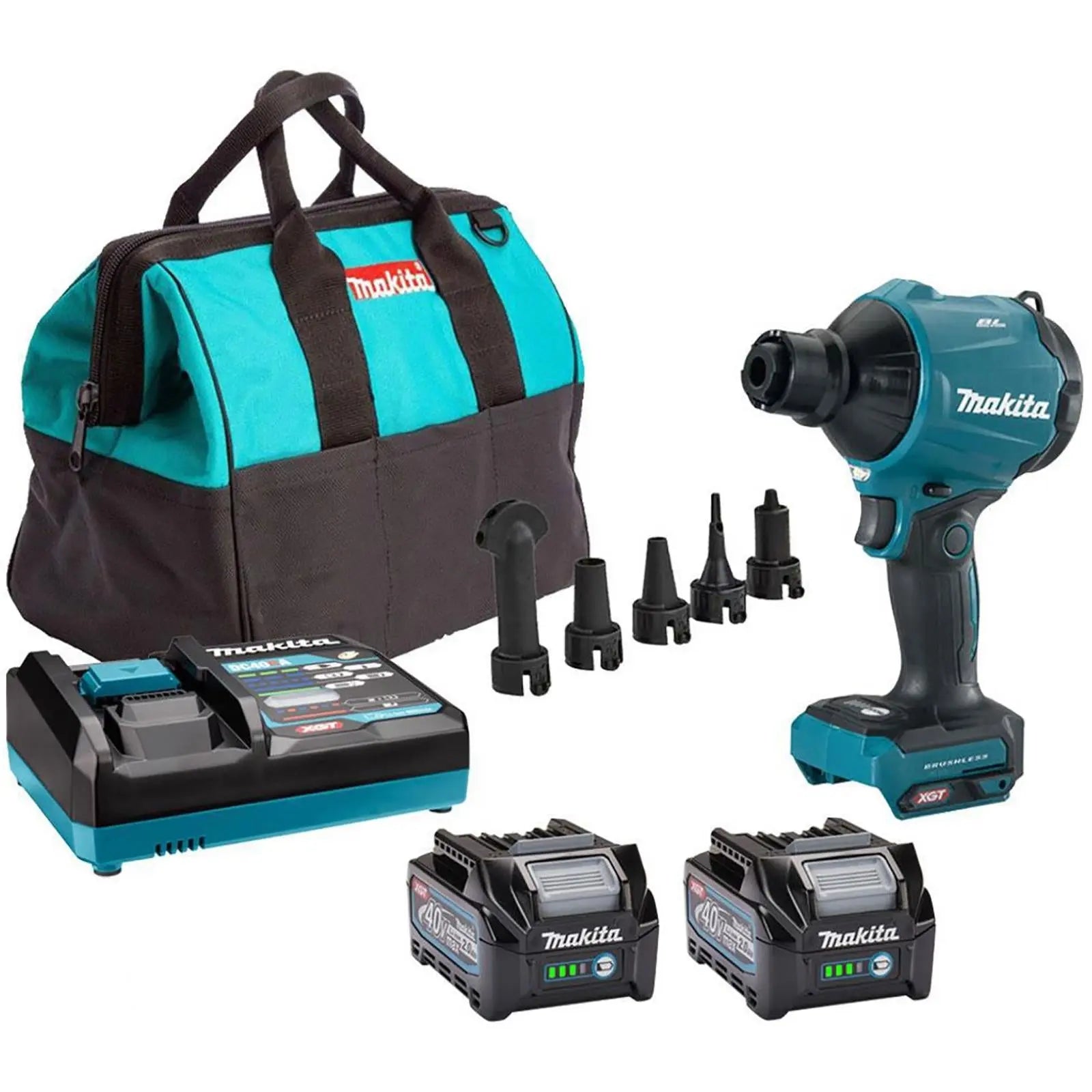 Makita Dust Blower 40V Max XGT Brushless 2 x 2.5Ah Batteries Charger Tool Bag Kit AS001GD202 White Rose Tools
