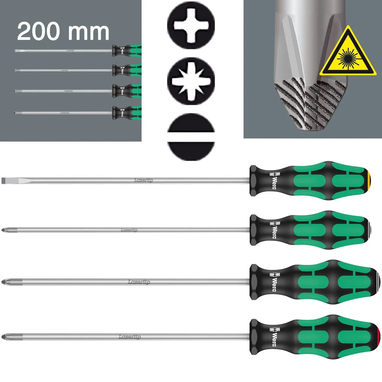 Wera Long Screwdriver Set Kraftform Plus Lasertip Series 4 Piece 200mm Phillips Slotted Pozi