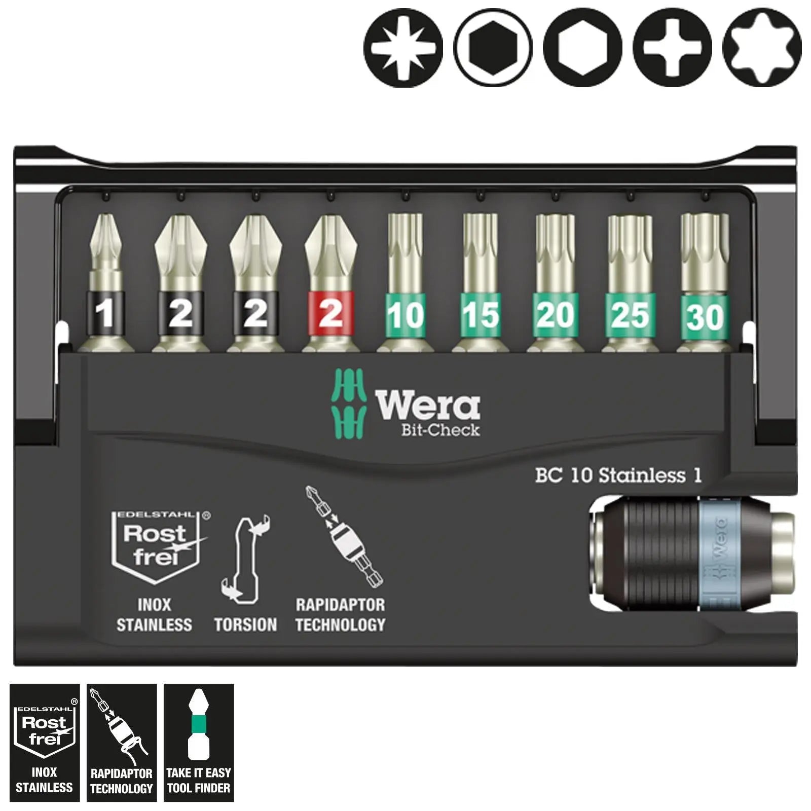 Wera Screwdriver Bit Set Bit Check 10 Stainless Steel 1 SB 10 Piece with Bit Holder White Rose Tools