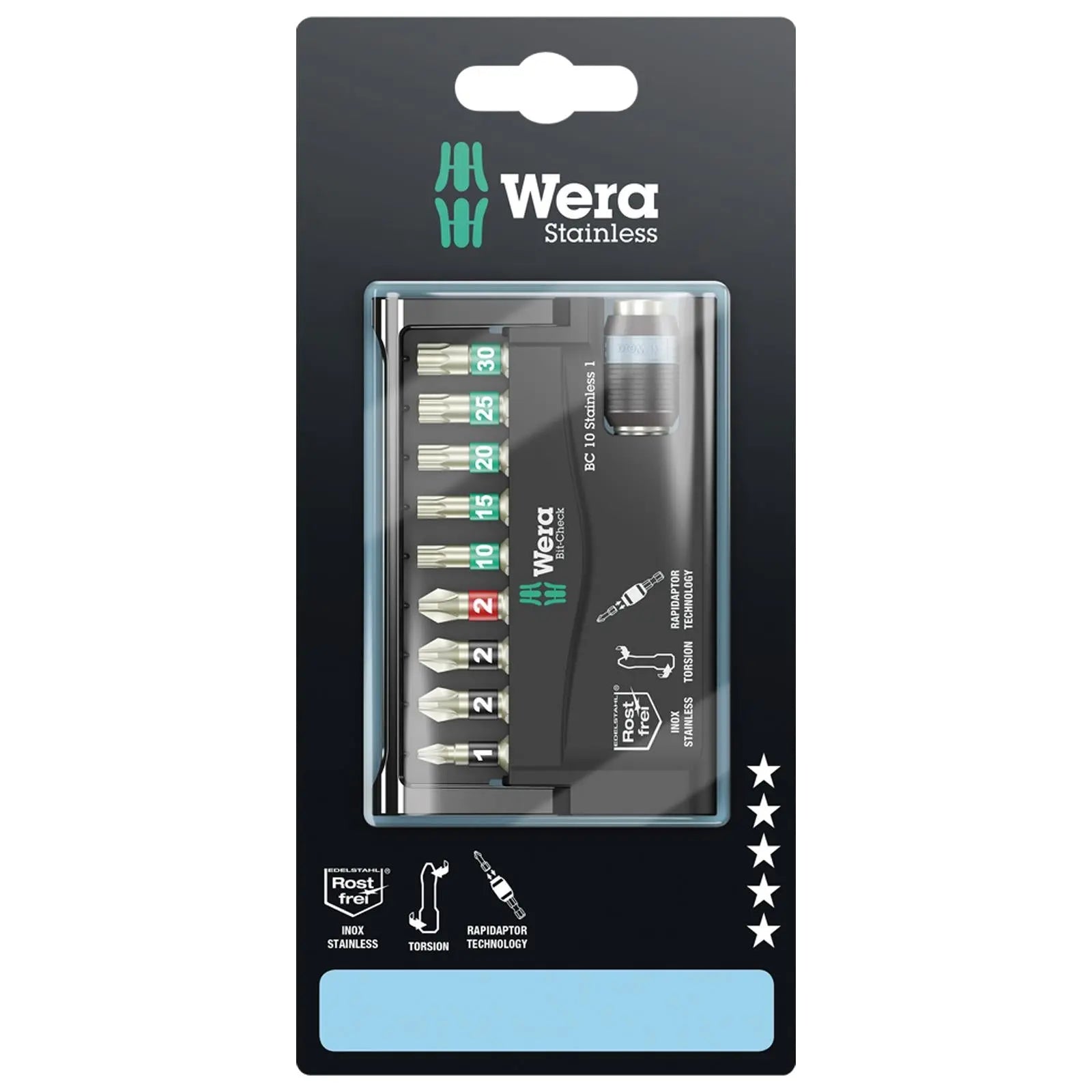 Wera Screwdriver Bit Set Bit Check 10 Stainless Steel 1 SB 10 Piece with Bit Holder White Rose Tools