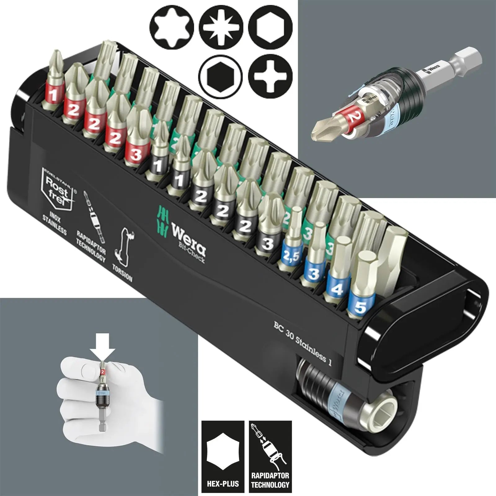 Wera Screwdriver Bit Set Bit Check 30 Stainless Steel 1 30 Piece with Bit Holder White Rose Tools