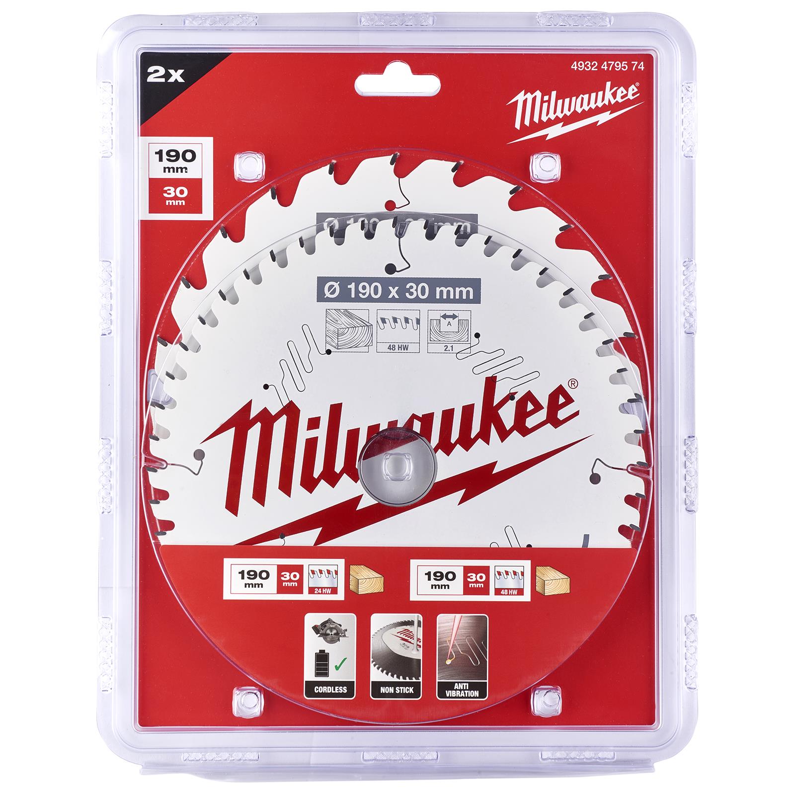 Milwaukee Circular Saw Blade Set for Wood 190mm x 30mm Twin Pack 24T 48T ATB