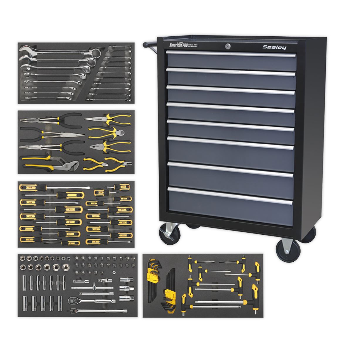 Sealey American Pro Rollcab 8 Drawer with Ball-Bearing Slides - Black/Grey & 136pc Tool Kit