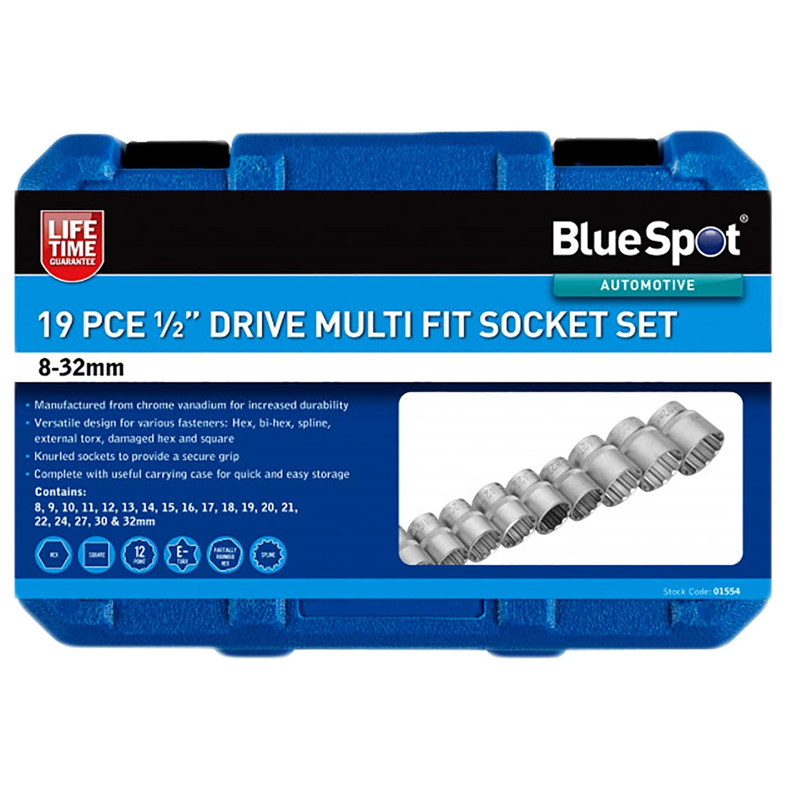 BlueSpot Multi Fit Socket Set 1/2" Drive 19 Piece 8-32mm in Storage Case