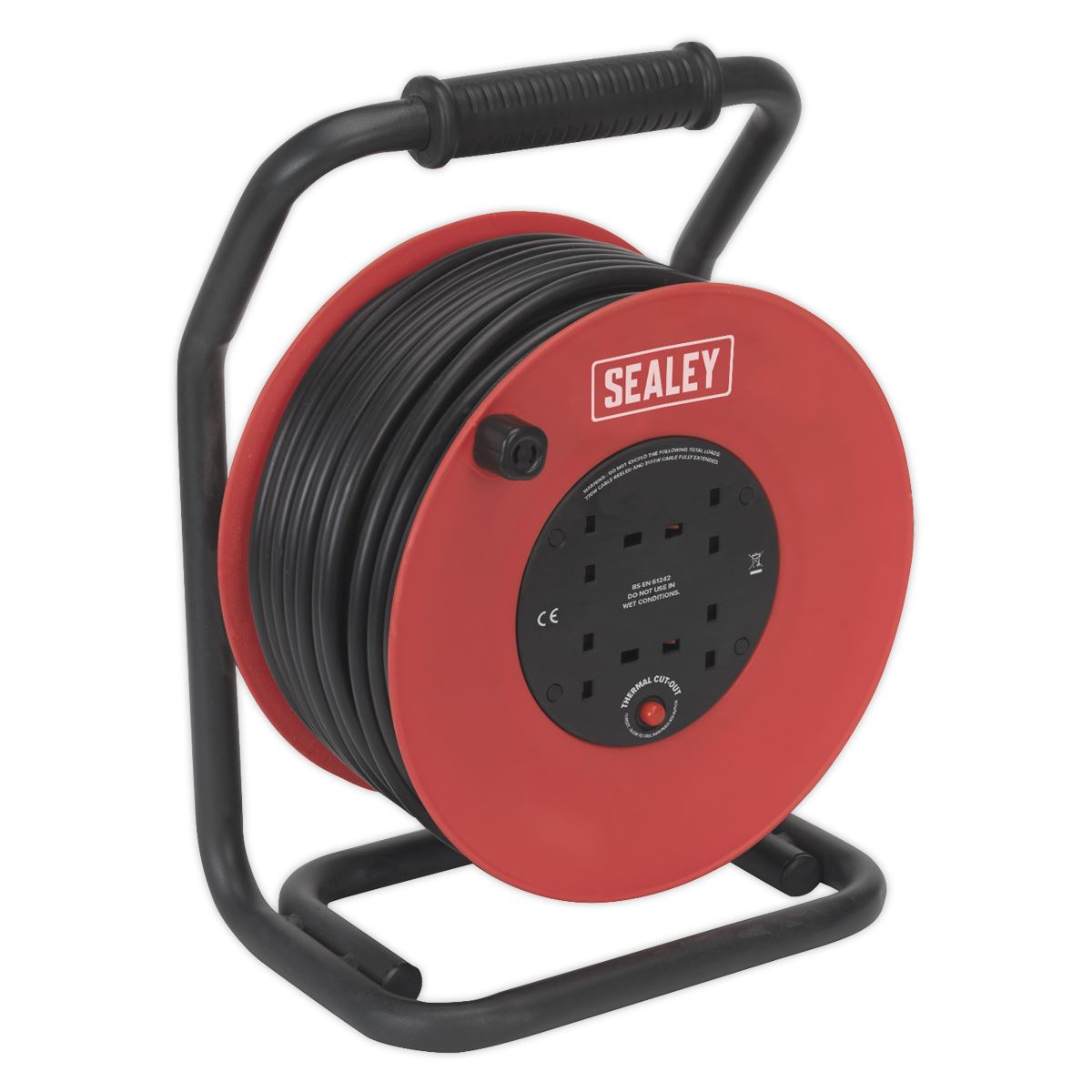 Sealey Cable Reel 50m 4 x 230V 2.5mm² Heavy-Duty Thermal Trip