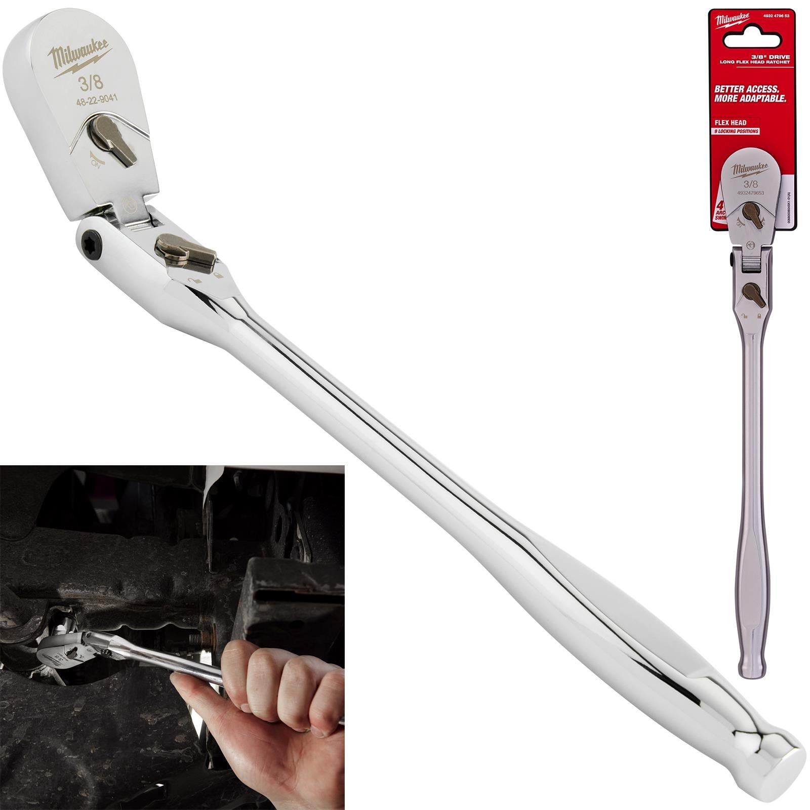 Milwaukee Socket Ratchet Wrench Long Flexible Head 3/8" Drive 90 Tooth Slim Profile Head