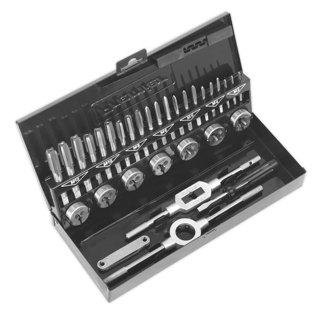 Sealey Tap and Die Set Metric 32 Piece Split Dies HSS 4341 M3-M12 Metal Case