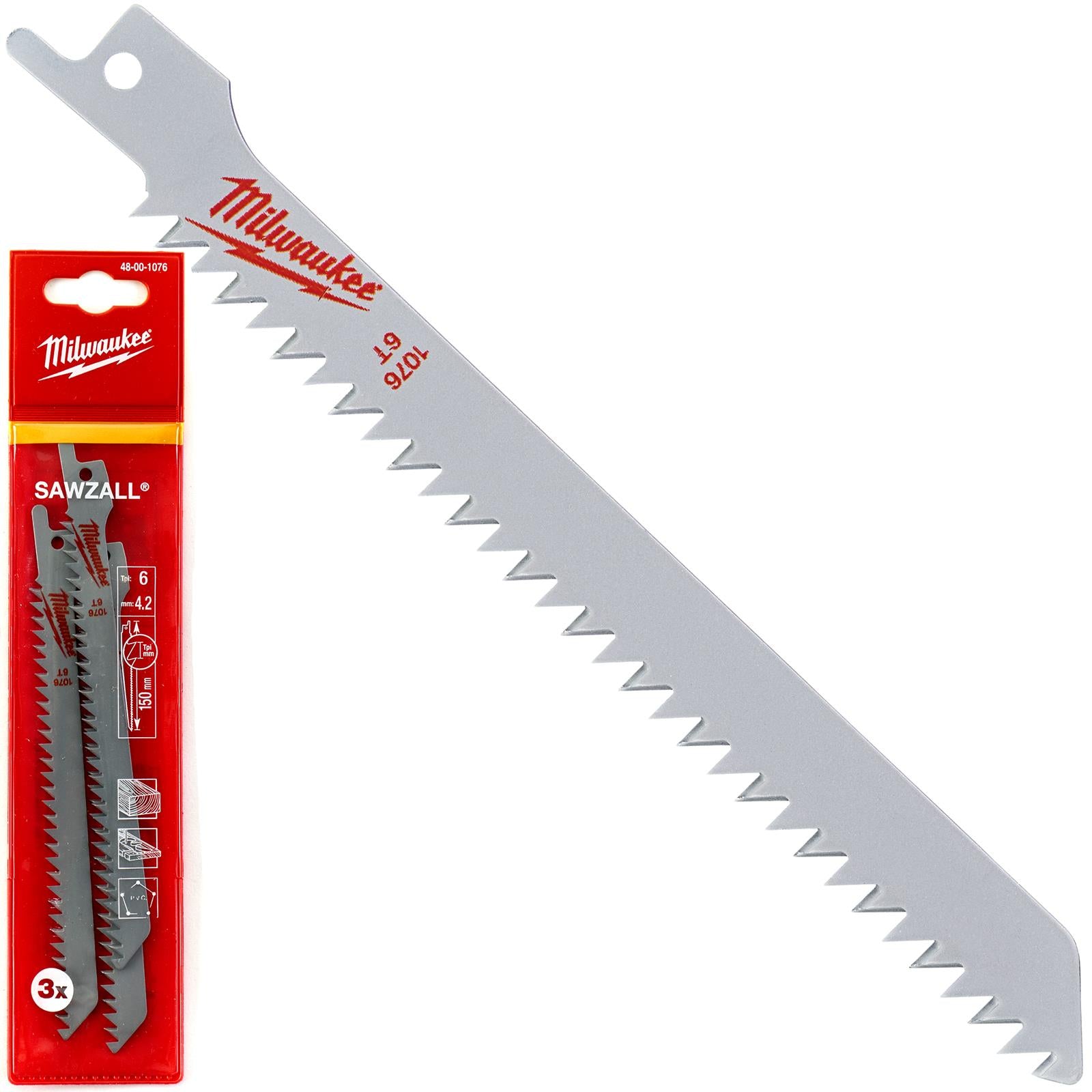 Milwaukee Reciprocating Saw Blade Sawzall 150mm 6 TPI 3 Pack Wood Plastic S744D