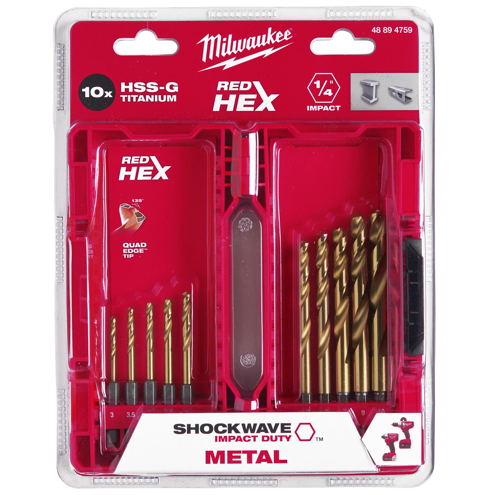 Milwaukee Red Hex Metal Drill Bit Set 10 Piece Shockwave Impact Duty 3-10mm