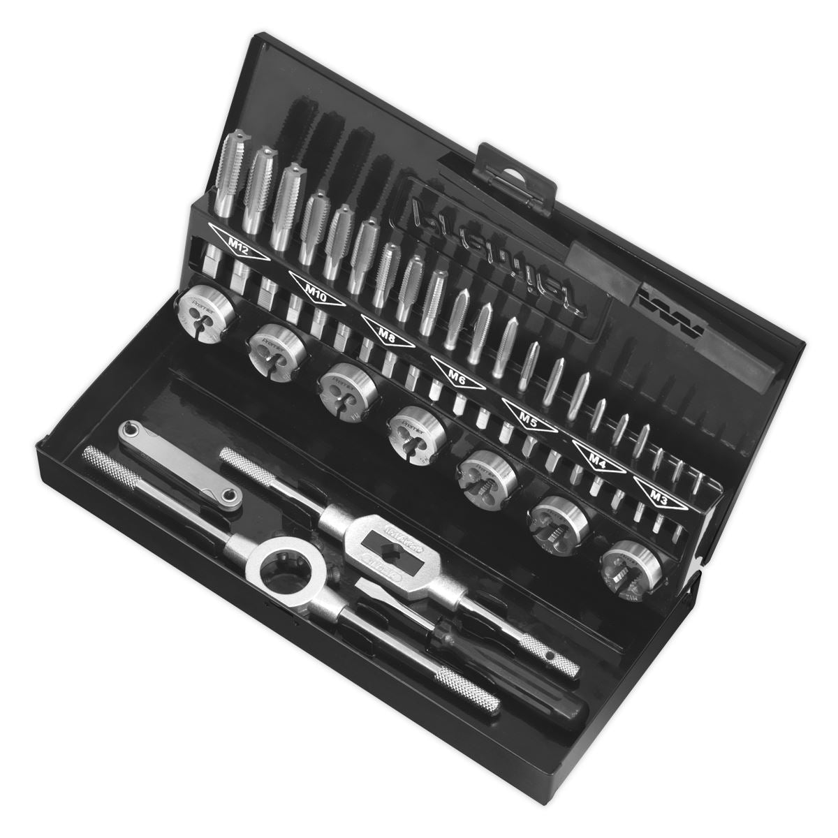 Sealey Tap and Die Set Metric 32 Piece Split Dies HSS 4341 M3-M12 Metal Case