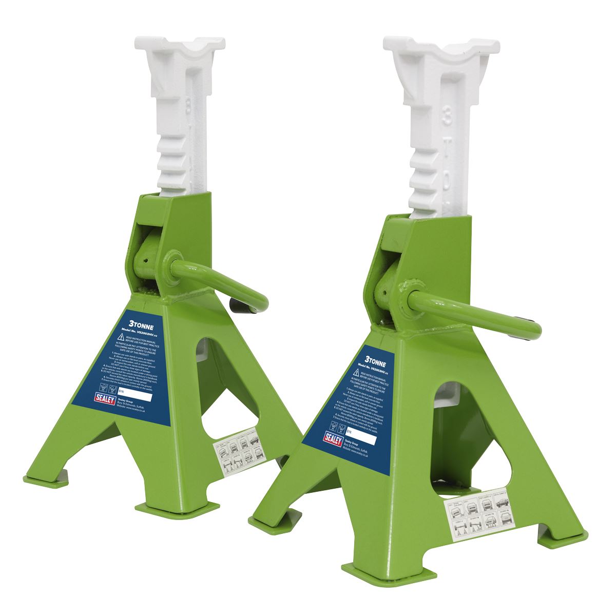 Sealey Axle Stands (Pair) 3 Tonne Capacity per Stand Ratchet Type - Hi-Vis Green