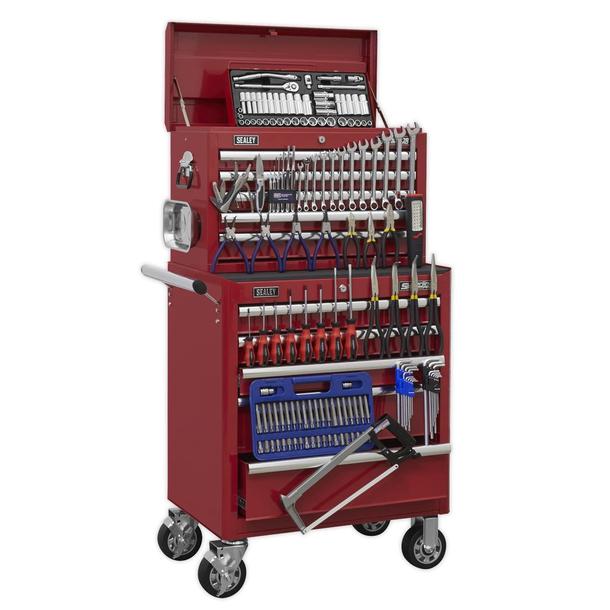 Sealey Superline Pro Topchest & Rollcab Combination 10 Drawer with Ball-Bearing Slides - Red with 148pc Tool Kit