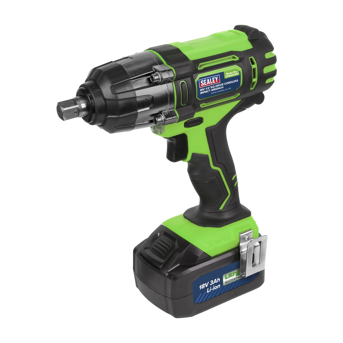 Sealey Cordless Impact Wrench 18V 3Ah Li-ion 1/2" Drive 400Nm Green Hi-Vis