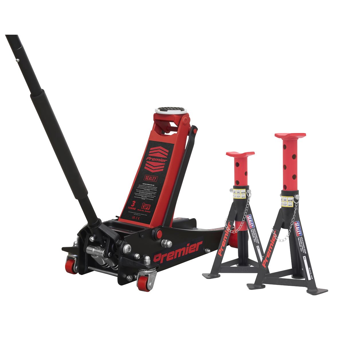 Sealey Premier Trolley Jack 3 Tonne & Axle Stands (Pair) 3 Tonne per Stand Combo