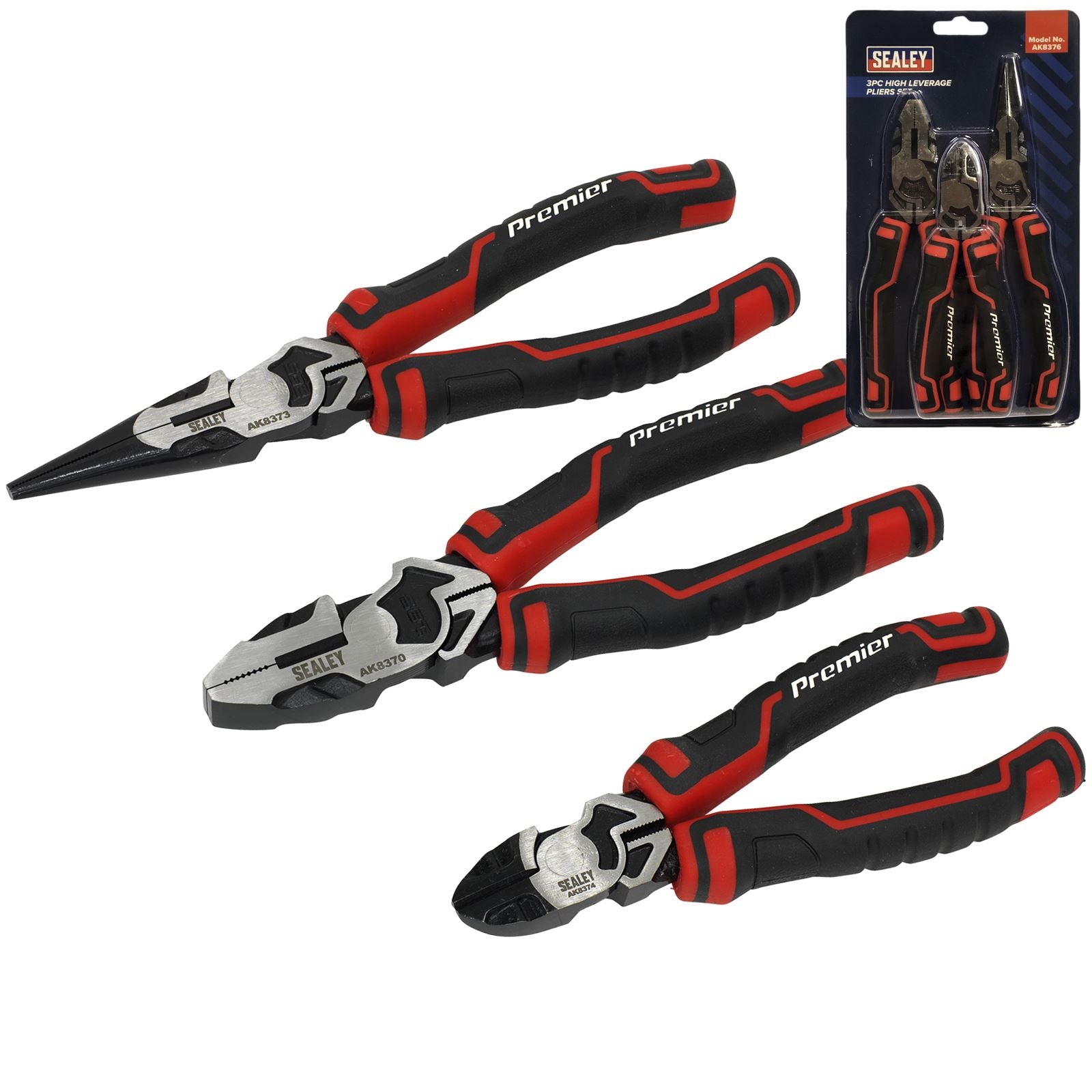 Sealey Premier 3 Piece High Leverage Pliers Set Long Nose Combi Plier