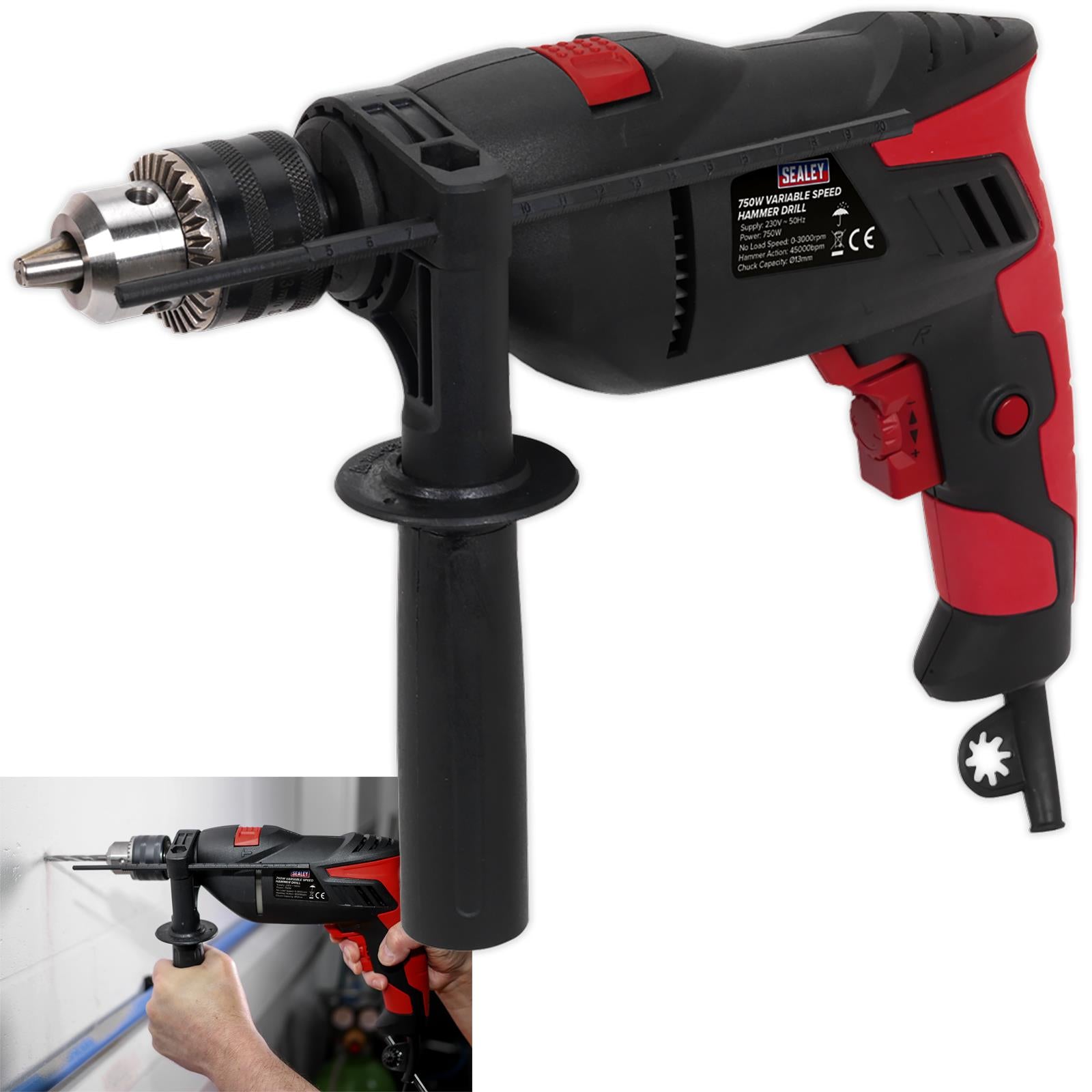 Sealey 750W Variable Speed Corded Hammer Drill 13mm Chuck  Remover Screws