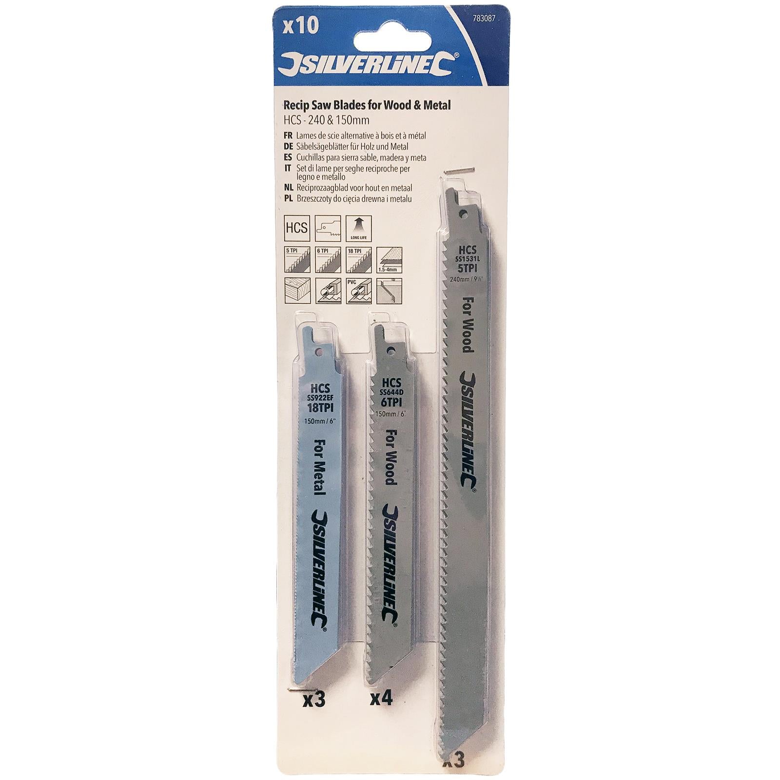 Silverline 10 Pack Recipro Saw Blade Set Sabre Metal Wood 150, 240mm