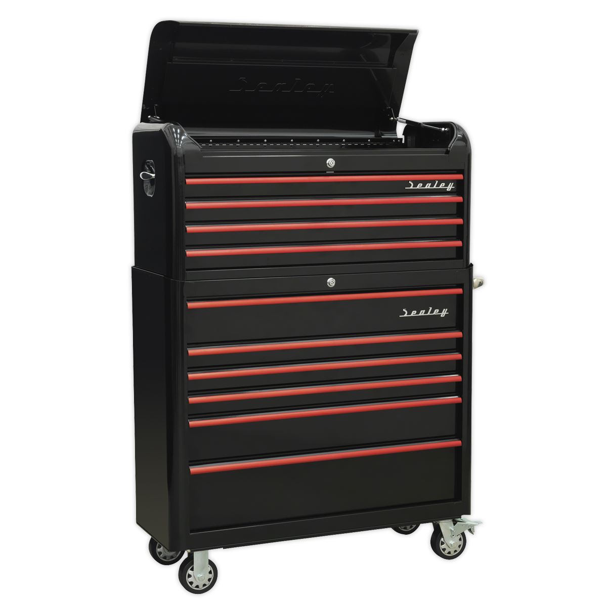 Sealey Premier Retro Style Wide Topchest & Rollcab Combination 10 Drawer-Black with Red Anodised Drawer Pulls