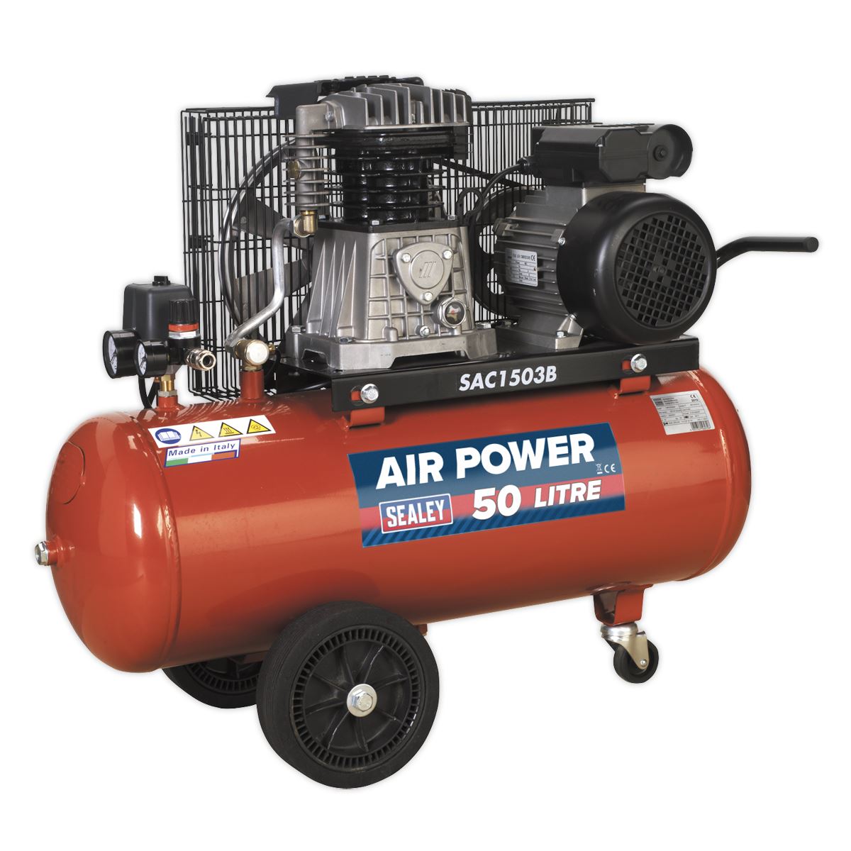 Sealey Air Compressor 50L Belt Drive 3hp with Cast Cylinders & Wheels