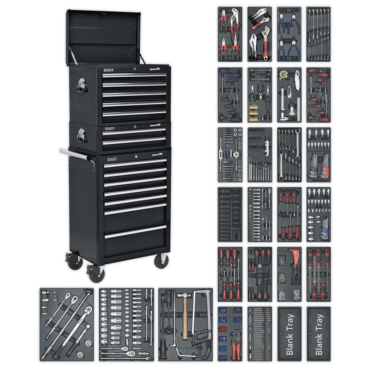 Sealey Superline Pro Tool Chest Combination 14 Drawer with Ball-Bearing Slides - Black & 1179pc Tool Kit