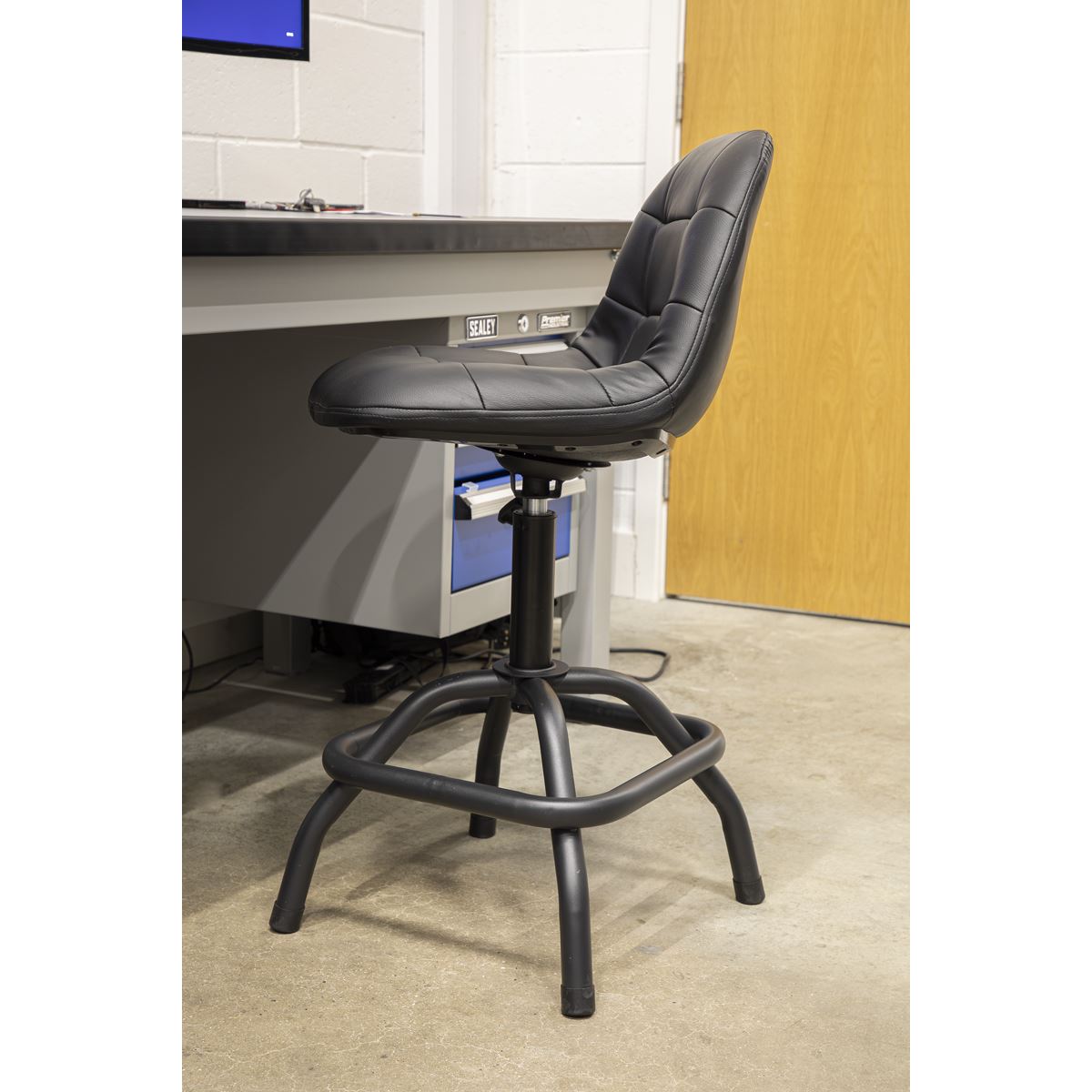 Sealey Premier Industrial Premier Industrial Pneumatic Workshop Stool with Adjustable Height Swivel Seat & Back Rest