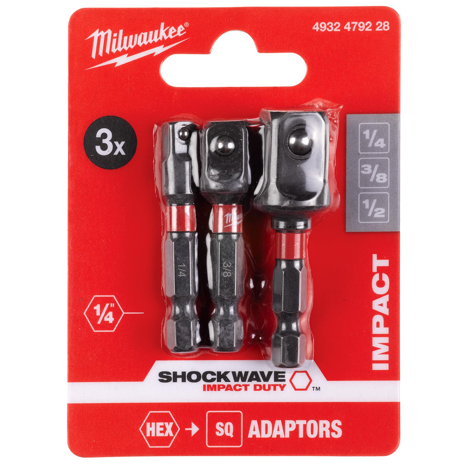 Milwaukee Impact Socket Adaptors SHOCKWAVE Impact Duty 3 Piece 1/4" 3/8" 1/2" Drive