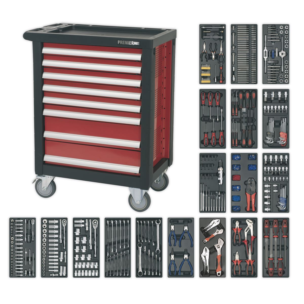 Sealey Premier Rollcab 8 Drawer with Ball-Bearing Slides & 707pc Tool Kit