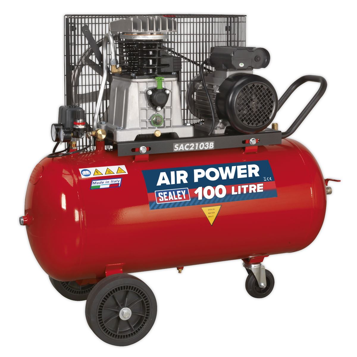 Sealey Air Compressor 100L Belt Drive 3hp with Cast Cylinders & Wheels