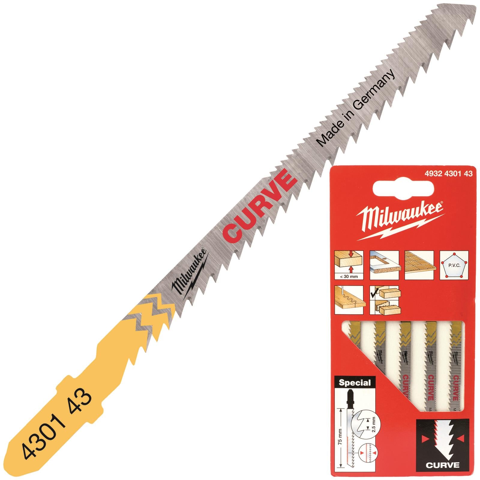 Milwaukee Jigsaw Blades Wood and Plastic 5 Pack Curved Cutting Blade 75mm x 2.5mm