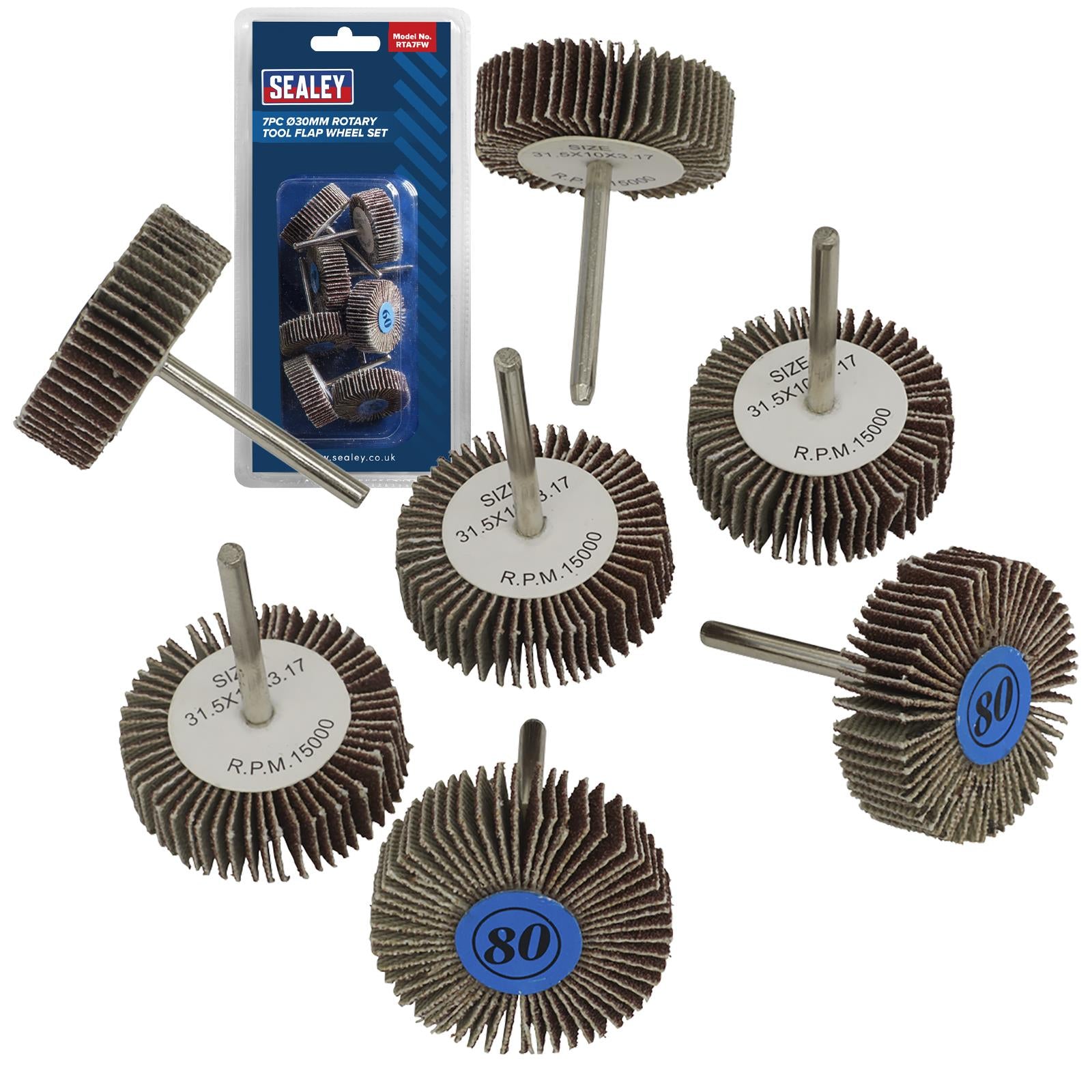 Sealey Rotary Tool Flap Wheel Set 7 Piece 30mm Diameter