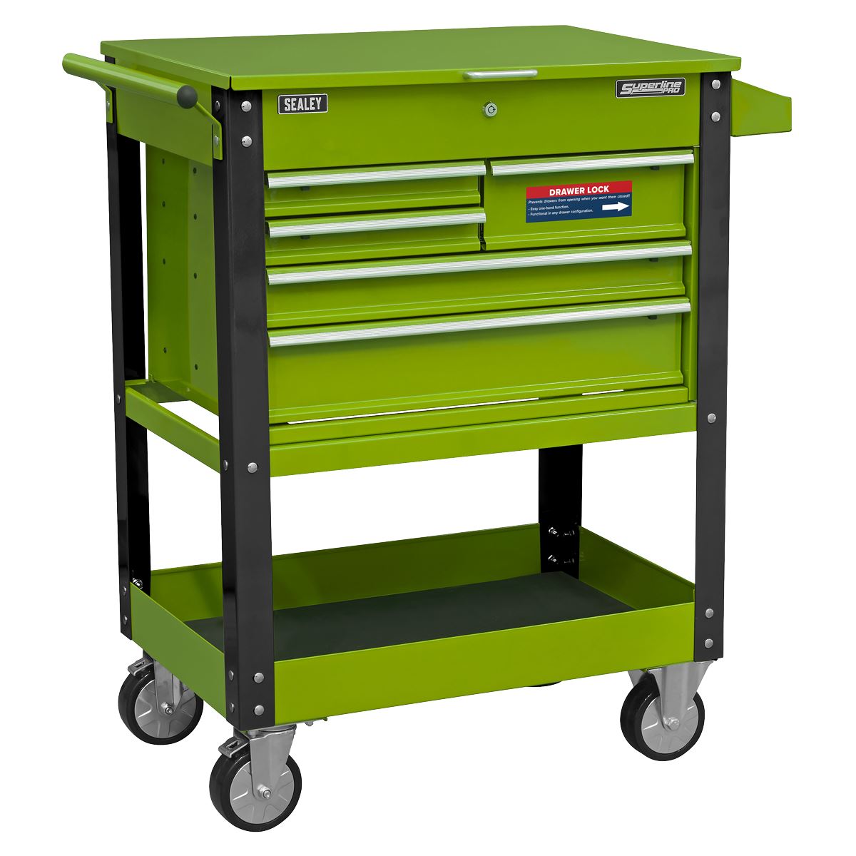 Sealey Superline Pro Heavy-Duty Mobile Tool & Parts Trolley with 5 Drawers and Lockable Top- Hi-Vis Green