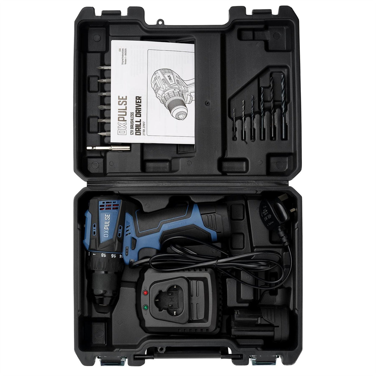 Draper DXPULSE 12V Brushless Drill Driver Kit 2 x 2.0Ah Batteries 1 x Charger 27917  White Rose Tools